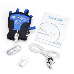 Rozpakowana rękawica: rękawica MusicGlove, kabel z kontrolerem, słuchawki, program instalacyjny i instrukcja obsługi.
