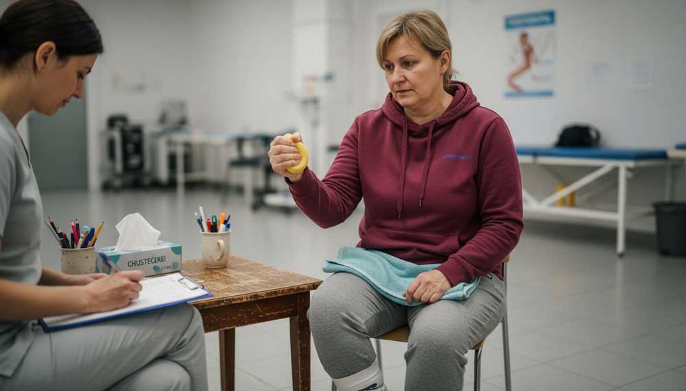 Pacjent podczas terapii ćwiczy z piłką rehabilitacyjną.