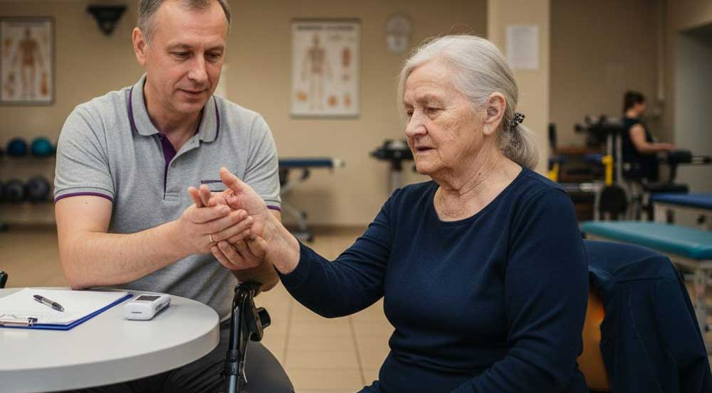 Fizjoterapeuta ocenia sprawność dłoni u pacjenta po udarze