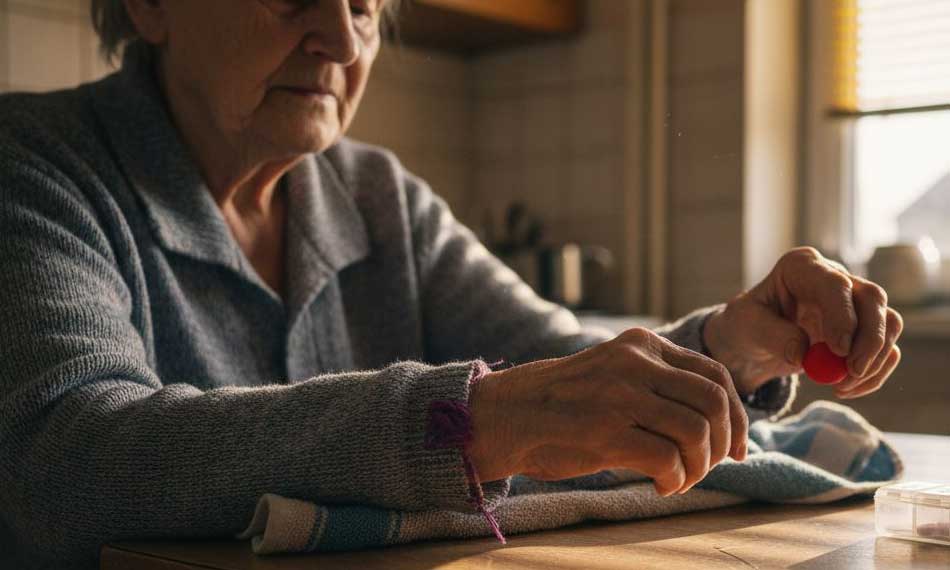 Starsza pani wykonuje ćwiczenia usprawniające dłonie po przebytym udarze.
