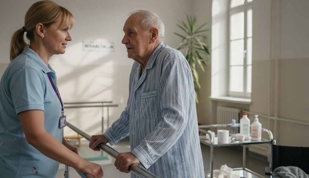 Terapeuta wspiera pacjenta w odzyskaniu sprawności ruchowej.