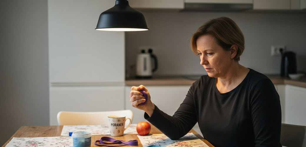 Kobieta ćwiczy dłonie przy kuchennym stole, korzystając ze specjalnych przyrządów.