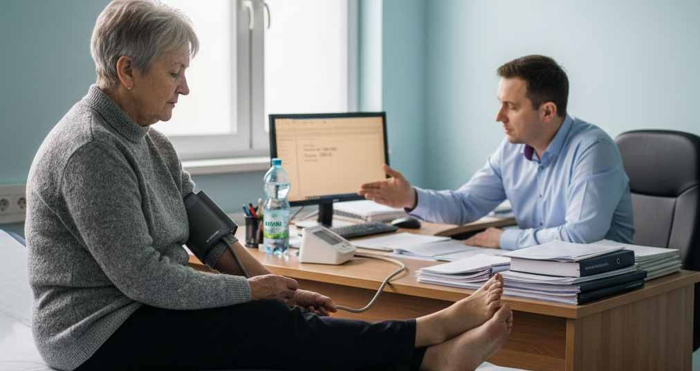 Starsza pani podczas kontroli ciśnienia krwi u lekarza