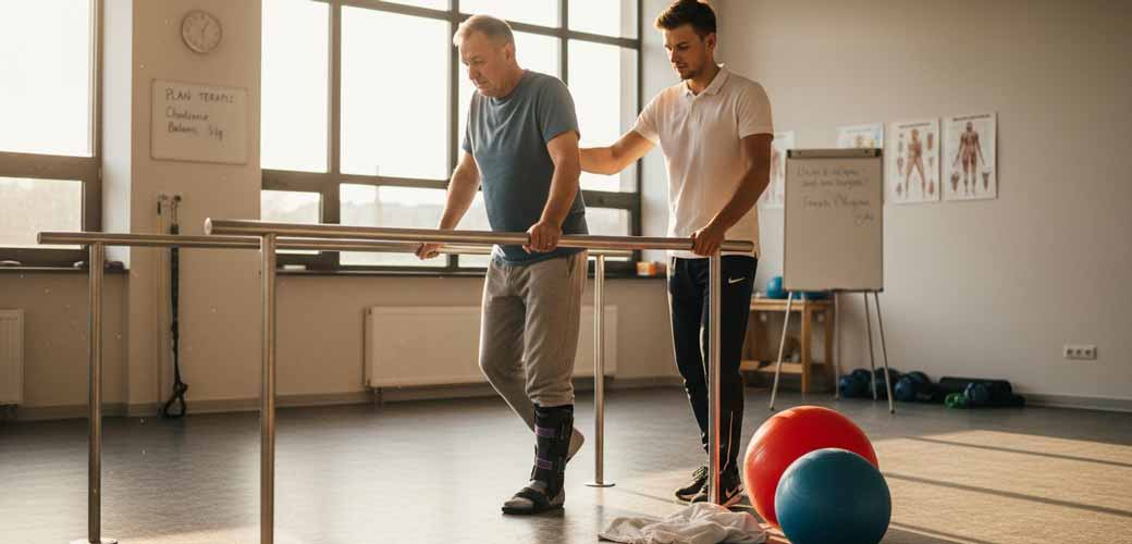 Terapeuta wspiera pacjenta po udarze podczas jego pierwszych prób chodzenia.