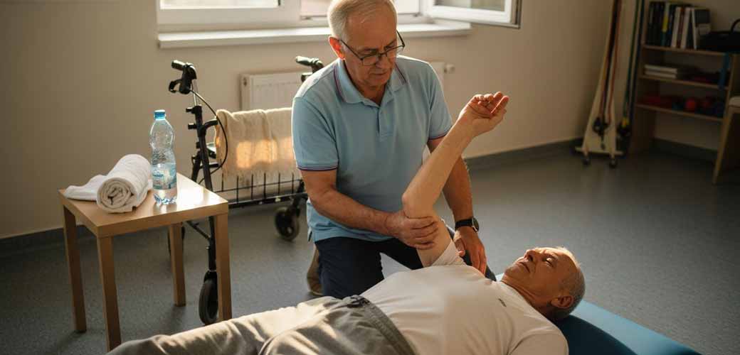 Fizjoterapeuta wspiera starszą osobę podczas ćwiczeń rehabilitacyjnych.