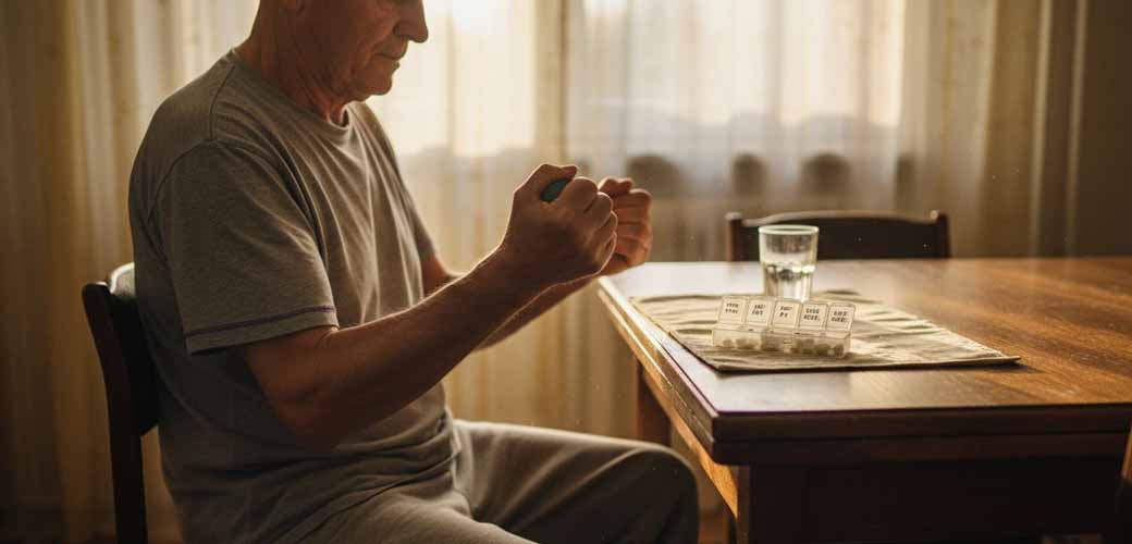 Starszy mężczyzna wykonuje ćwiczenia usprawniające dłonie w domowym zaciszu.