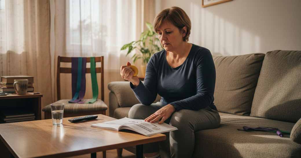 Kobieta wykonuje w domu ćwiczenia usprawniające dłonie.