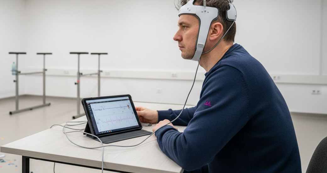 W trakcie terapii pacjent korzysta z opaski EEG.