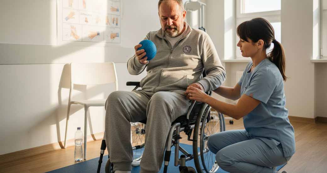 Pacjent podczas rehabilitacji pod okiem terapeuty