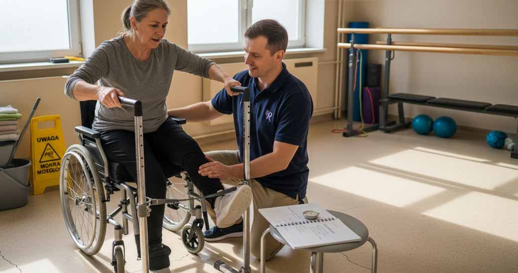 Fizjoterapeuta wspiera pacjenta podczas sesji rehabilitacyjnej