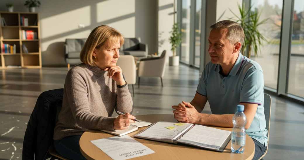 Terapeuta omawia sytuację pacjenta z jego rodziną.