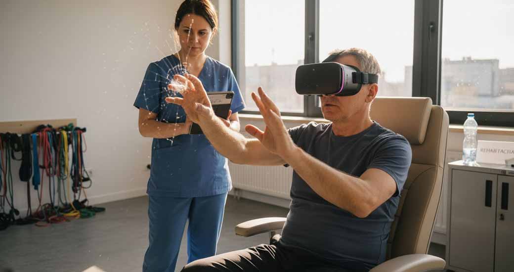 Patient using VR headset in rehab therapy