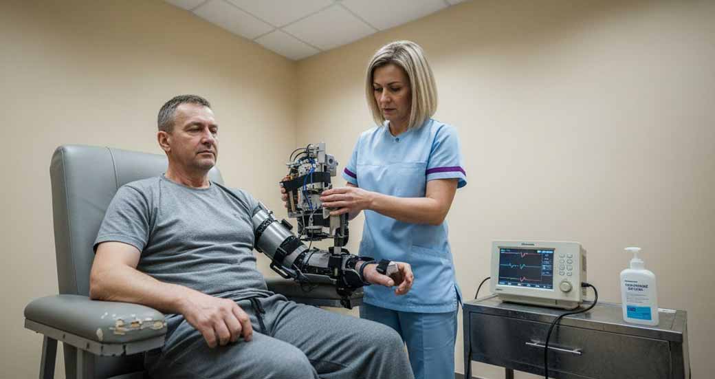 Terapeuta przygotowuje pacjenta do rozpoczęcia rehabilitacji neurologicznej.