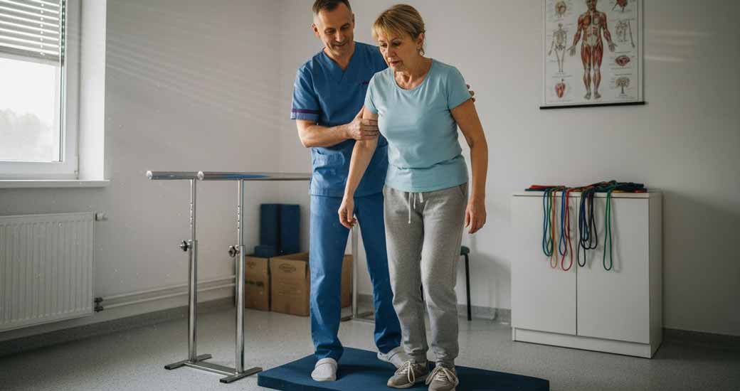 Ćwiczenia równowagi wykonywane pod czujnym okiem specjalisty