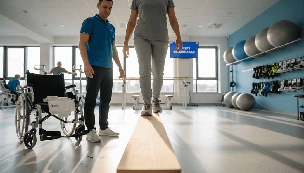 Pacjent ćwiczy równowagę na specjalnej belce w sali rehabilitacyjnej.