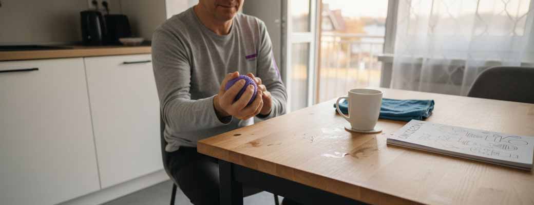 Mężczyzna ćwiczy sprawność ruchową, siedząc przy kuchennym stole.