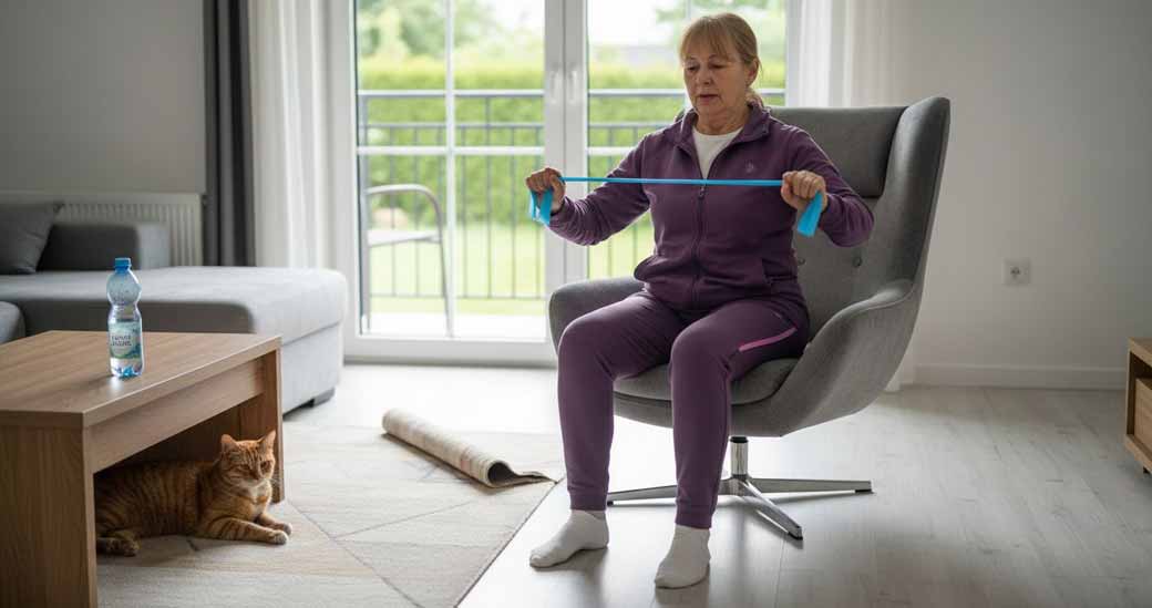 Kobieta ćwiczy w domu, wykonując zalecenia rehabilitacyjne.