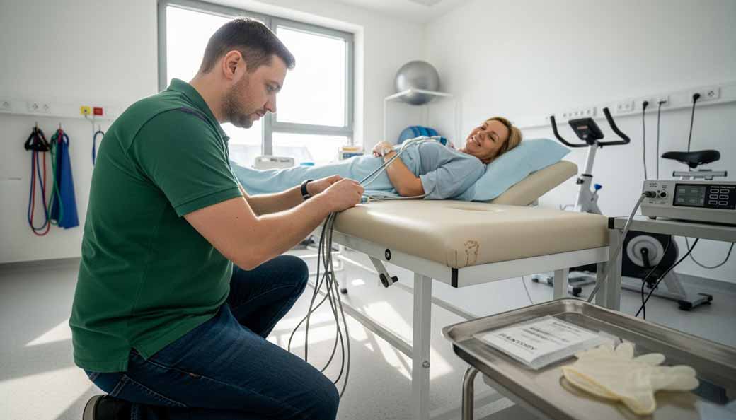 Technik montuje urządzenia do monitorowania instalacji MEP.