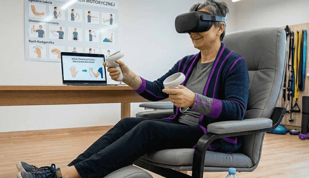 Kobieta korzystająca z terapii VR wspomagającej rehabilitację po udarze