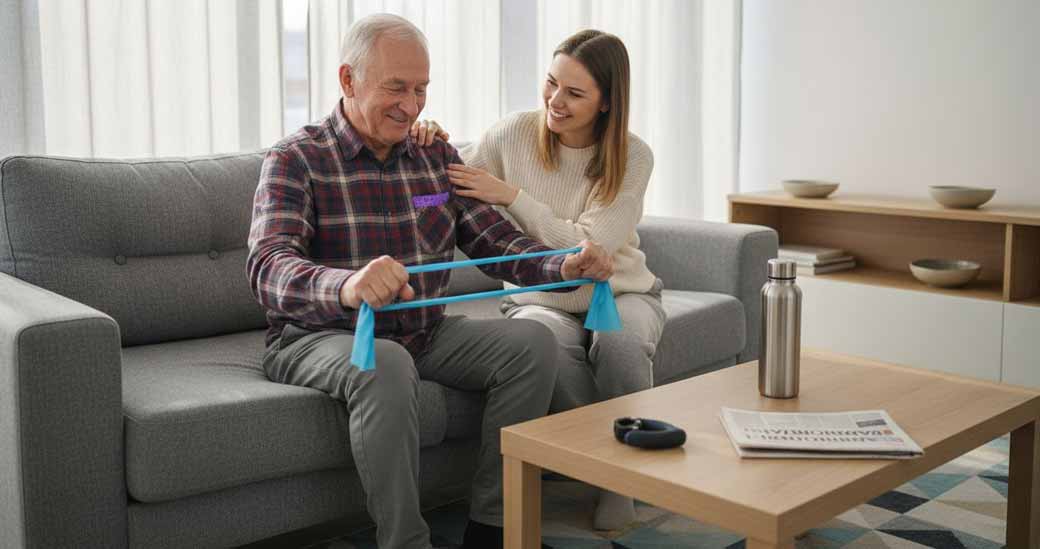 Mężczyzna samodzielnie ćwiczy rękę w domu po przebytym udarze.