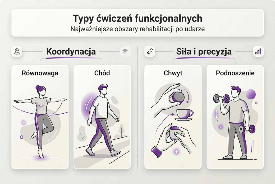 Infografika: Przykładowe ćwiczenia funkcjonalne po przebytym udarze