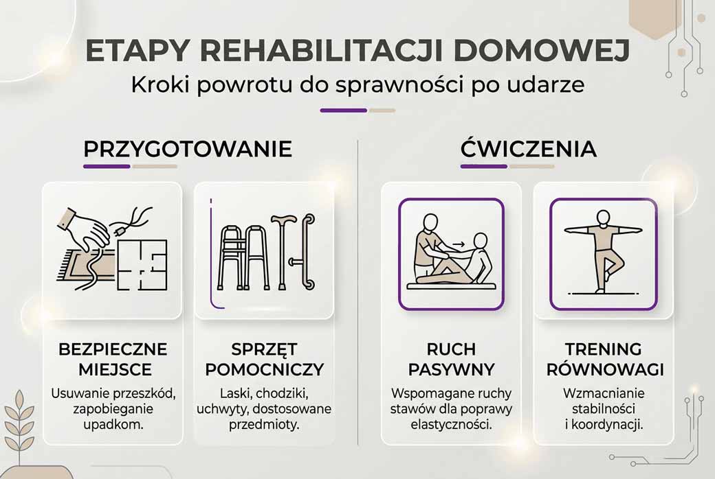 Infografika: kolejne kroki rehabilitacji po udarze w warunkach domowych